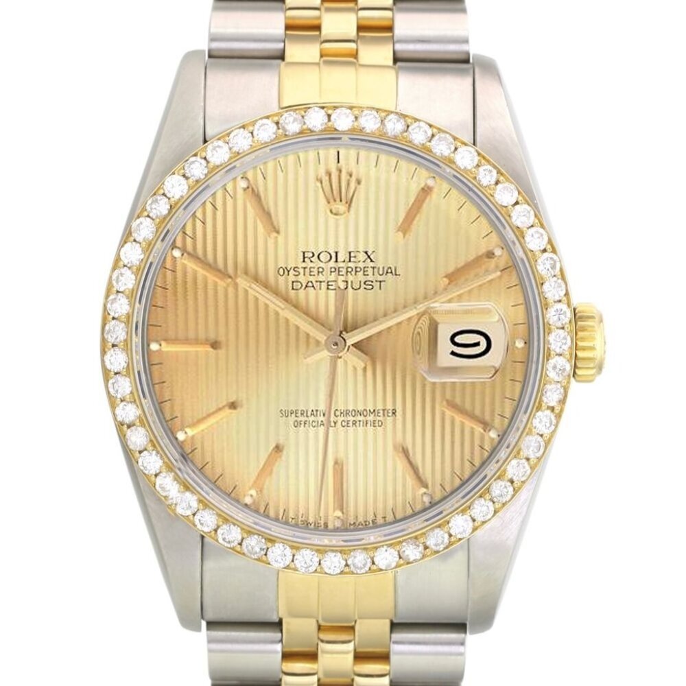 ROLEX DATEJUST CHAMPAGNE TAPESTRY INDEX DIAL DIAMOND 18KY & STEEL JUBILEE 16233